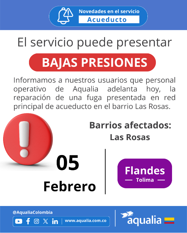 Bajas presiones por fuga presentada en el barrio Las Rosas de Flandes