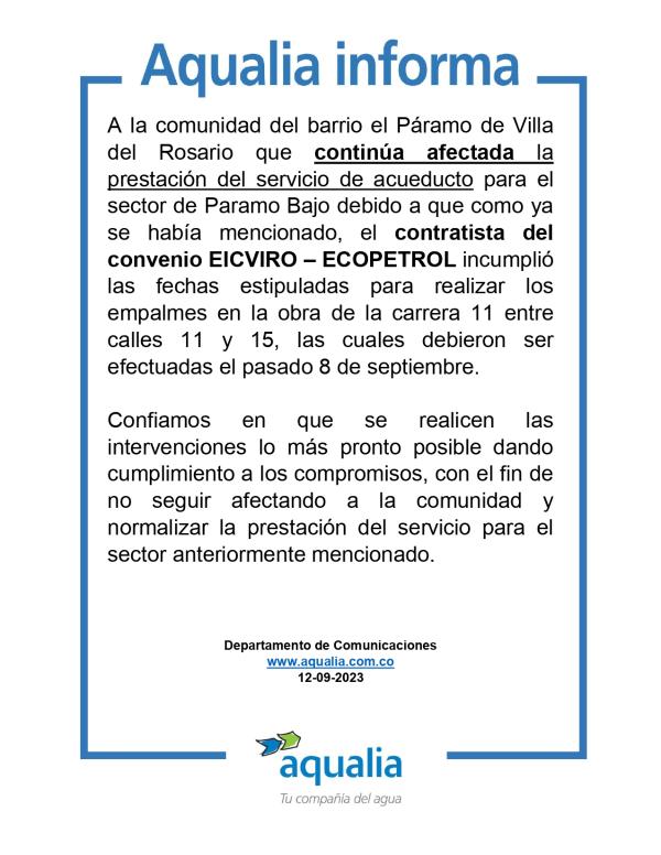 Continua afectada la prestación del servicio de acueducto para el barrio el Páramo por demoras en empalmes del convenio EICVIRO - ECOPETROL en Villa del Rosario.