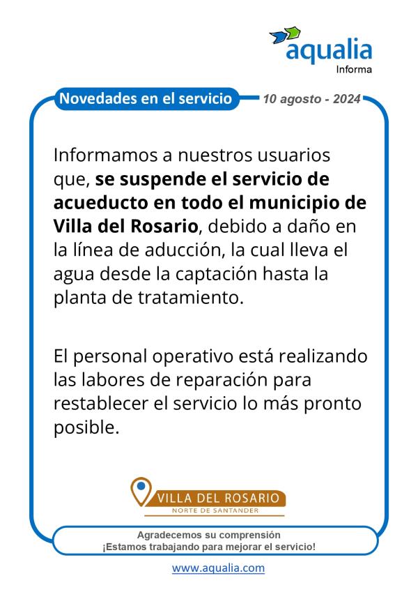 SE SUSPENDE EL SERVICIO DE ACUEDUCTO EN TODO EL MUNICIPIO, VILLA DEL ROSARIO